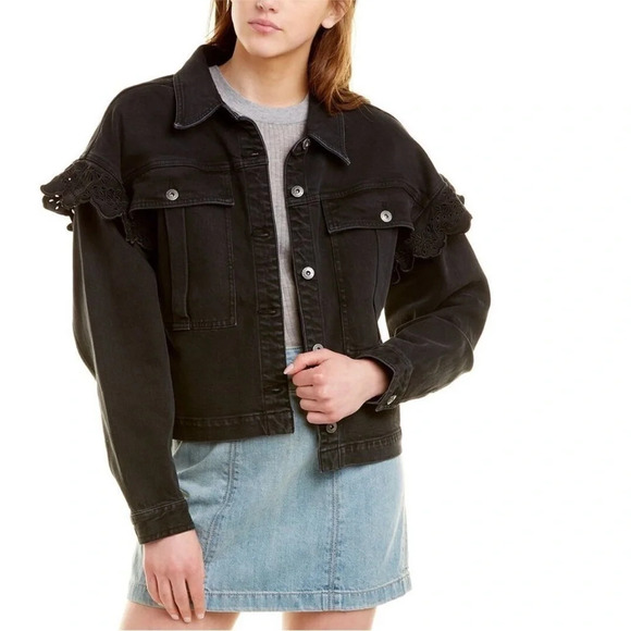 Something Navy Celeste Black Cropped Denim Jacket Ruffle Eyelet Detail Size S - Picture 1 of 16